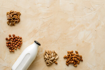 Vegan alternative nuts milk in bottles. Above view