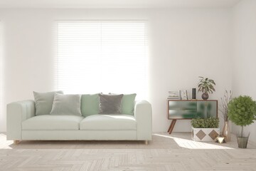 White living room with sofa. Scandinavian interior design. 3D illustration
