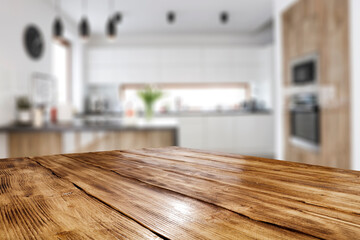 brown table of free space and kitchen interior 