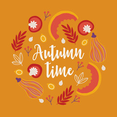 Autumn greeting card with pepper, pumpkin slices, berries, seeds, leaves
