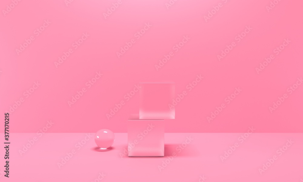 Poster pink abstract background with shiny glass cubes and sphere. backdrop design for product promotion. 3