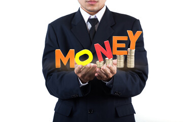 Business man holding money icon on his hands, isolated on white background