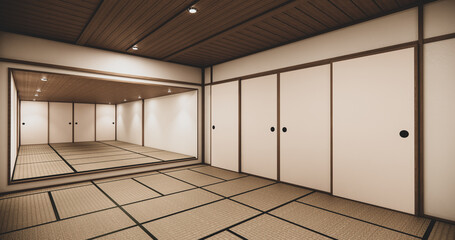 Empty house hall with tatami  floor 2 steps White room tropical style.3D rendering