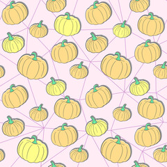 Orange and yellow pumpkins with a shadow on a pink polygonal background. Vector seamless pattern for wrapping paper, packaging, wrapper, wallpaper, country fair, farm market, food store, shop or print