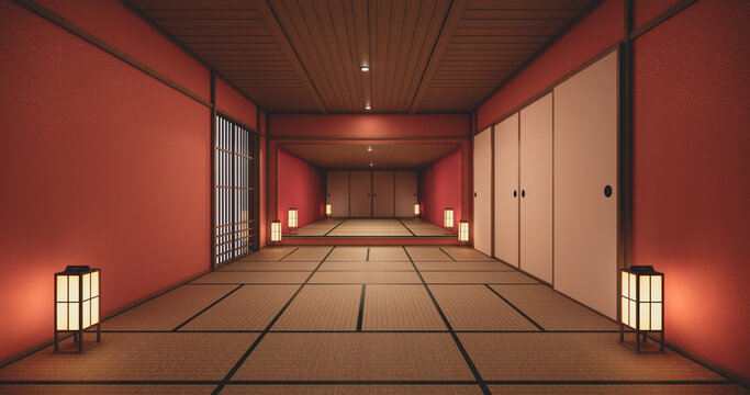 The interior color Red room inteior with tatami mat floor.3D rendering