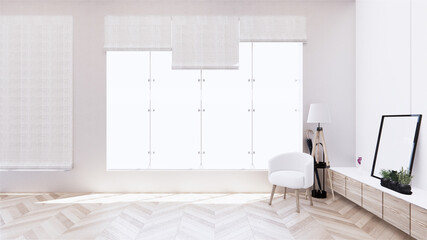 cabinet wooden with on white wall and wooden floor, tropical interior  living room. 3d rendering