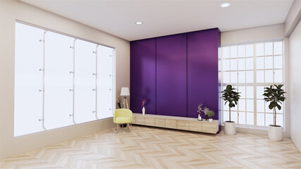cabinet wooden with on purple wall  design and wooden floor, tropical interior  living room. 3d rendering