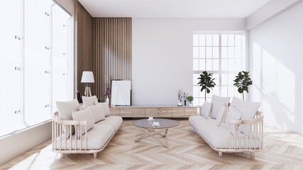 living room with white sofa on zen interior design. 3D rendering