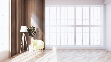 Beautiful, tropical-style room has chairs placed directly between the rooms and the light shines from the sun into the room.3d rendering