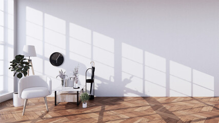 Interior Living room tropical style with armchair and mini cabinet wooden.3D rendering