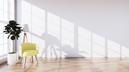 Beautiful, tropical-style room has chairs placed directly between the rooms and the light shines from the sun into the room.3d rendering