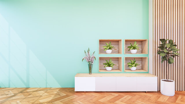 Cabinet wooden and yellow arm chair in Living green light wall interior japanese style. 3d rendering