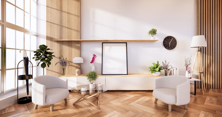 cabinet in modern room and white wall on woon floor japanese style. 3d rendering