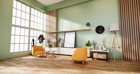 Cabinet wooden and yellow arm chair in Living green light wall interior japanese style. 3d rendering