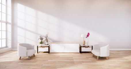 Cabinet and Armchair on room white wall, minimalist and zen interior.3d rendering