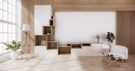 Cabinet wooden japanese style with low table wooden on room minimal interior.3D rendering