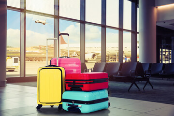 Travel suitcases in airport terminal. Summer vacation
