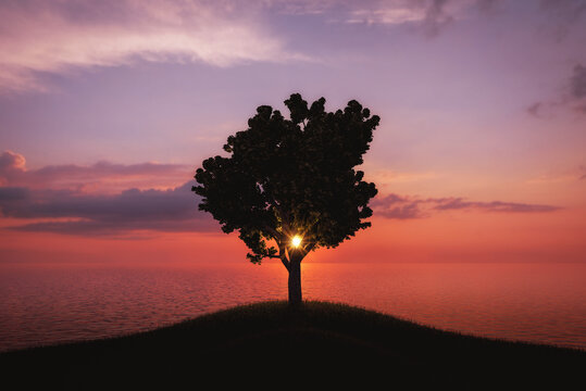 Silhouette of tree near the sea during beautiful sunset. 3D Illustration