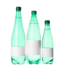 Bottles of pure water with blank labels on white background