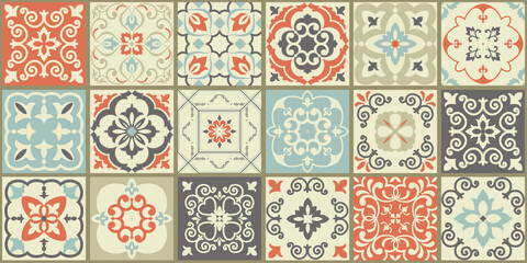  Collection of 18 ceramic tiles in turkish style. Seamless colorful patchwork from Azulejo tiles. Portuguese and Spain decor. Islam, Arabic, Indian, Ottoman motif. Vector Hand drawn background - 377173624