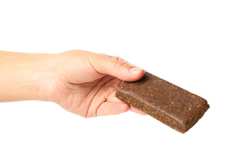 Female hand hold granola bar, isolated on white background