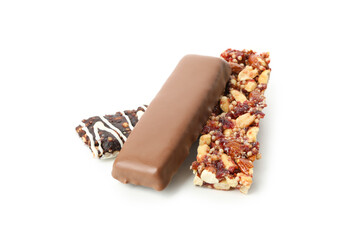 Tasty granola bars isolated on white background