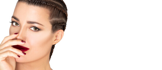 Fototapeta premium Beautiful model girl with braided hair, healthy hair and healthy skin with bright makeup