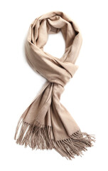 Stylish scarf on white background, top view