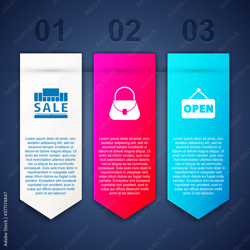 Canvas Prints Set Shopping building and sale, Handbag and Hanging sign with Open. Business infographic template. Vector.