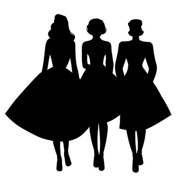 Silhouettes of three girls wearing retro clothes walking together isolated on white background