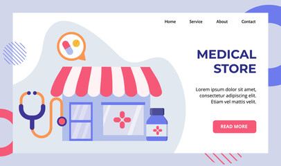 Medical store pharmacy drugs pill tablet stethoscope campaign for web website home homepage landing page template banner with modern flat style