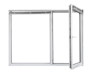 Modern open plastic window on white background