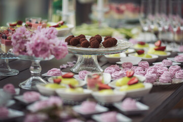 Tasty desserts, cakes and pastry on the wedding sweet buffet