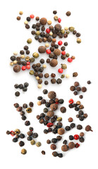 Mix of different peppercorns on white background, top view