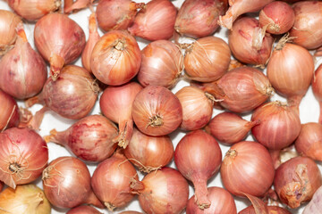 Golden fresh ripe onions heap as background 
