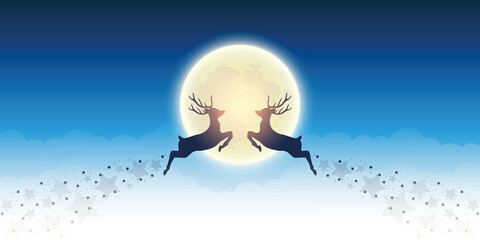 Obraz na płótnie Canvas two flying reindeer by full shiny moon magic landscape vector illustration EPS10