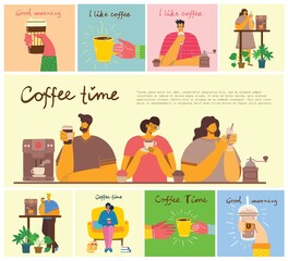 Coffee time, break and relaxation vector concept cards. Vector illustration in flat design style