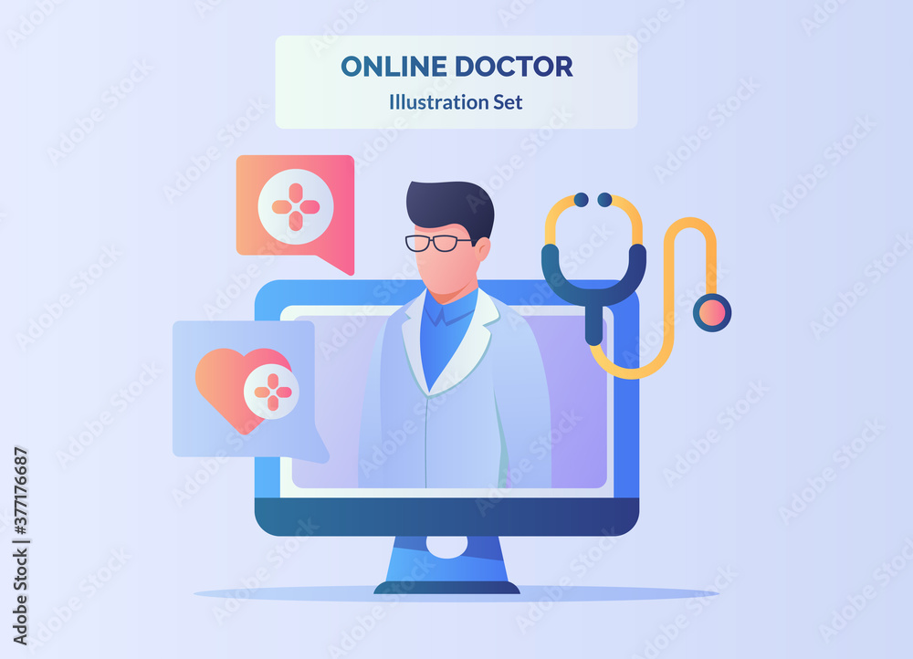 Poster online doctor characters on display monitor computer with flat color style