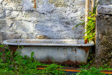 Old rusty bath against white rustic wall, abandoned on ground outdoors, surrounded by weeds. Letters initials engraved scratched on side 