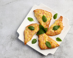 Baked open faced cheese and ham sandwiches on a white rectangular plate on a light gray background. Top view, flat lay