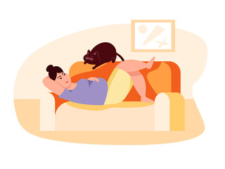 Fat woman with cat lying on sofa. Obesity. Unhealthy lifestyle. Vector flat color illustration. Concept for overweight