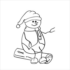 Snowman on a log in a Christmas hat, scarf and vest. Hand drawn sketches in doodle style. Isolated vector object on a white background. Winter design elements for New year decor, coloring books.