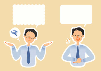 悩み・解消のセットイラスト（スーツ姿のメガネの男性）

