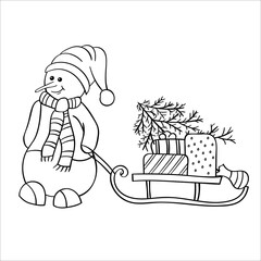 Snowman with a Christmas tree and gifts on a sled. Hand drawn sketches in doodle style. Isolated vector object on a white background. Winter design elements for New year decor, coloring books.