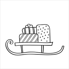 Christmas gifts on a sled sledges. Hand drawn sketches in doodle style. Hand drawn sketches in doodle style. Isolated vector object on a white background. Christmas design elements for winter decor, c