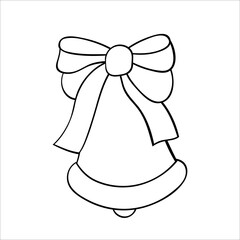 Christmas toy bell with a bow. Hand drawn sketches in doodle style. Isolated vector object on a white background. Winter design elements for New year decor, gingerbread, coloring books.