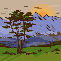Hand drawn landscape with sunrise, tree, mountain. African nature.