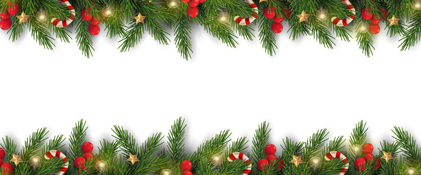Merry Christmas and Happy New Year. Christmas banner design of tree branches with berries, gold stars, candy canes and decorated in white background. 