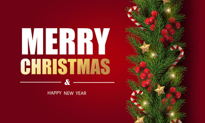 Fototapeta na wymiar Merry Christmas and Happy New Year. Christmas banner design of tree branches with berries, gold stars, candy canes and decorated in red background. 