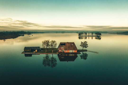 Aerial view of island on lake, Building on the island